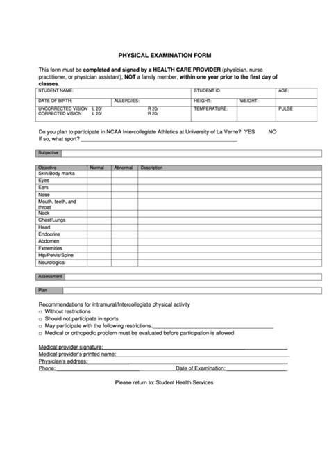 Physical Examination Form printable pdf download