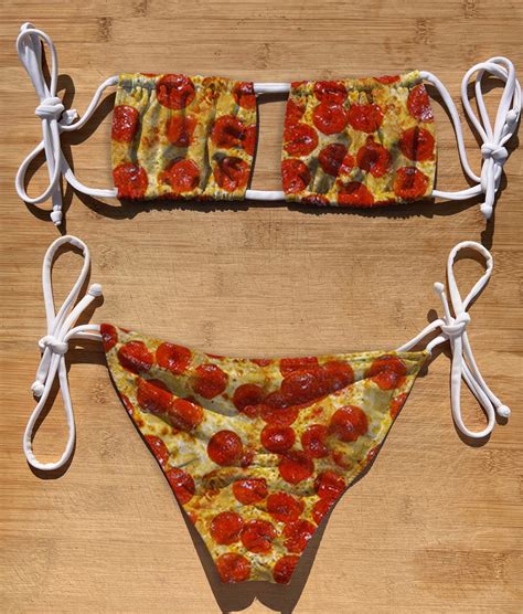 Swimwear Scrunch Butt Tie Side Square Top Bikini Set Pepperoni Pizza Thong Cheeky Full