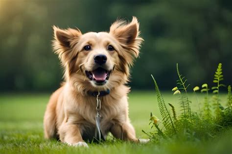 Um Cachorro Deitado Na Grama As Orelhas Levantadas Foto Premium