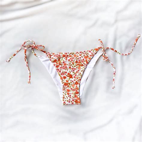 Orange White Floral String Bikini Bottom Floral Swimsuit Bottom Handmade Bikini Bottom