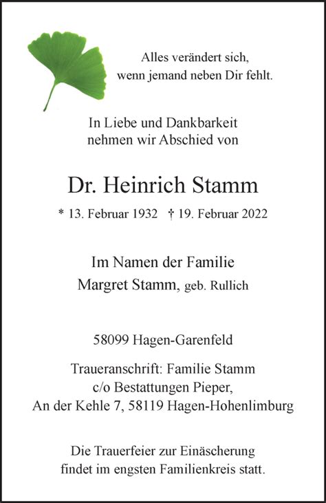 Traueranzeigen Von Heinrich Stamm Trauer In NRW De