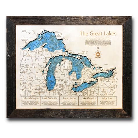 Great Lakes Wood Map Topographic Wood Chart 11 X 14