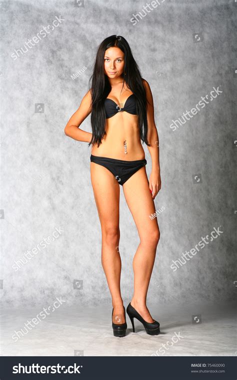 Sexy Brunette Black Bikini On Gray Stock Photo Shutterstock