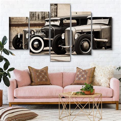 Hot Rods Black and White 5 Pieces Canvas Wall Art, Large Framed Canvas ...