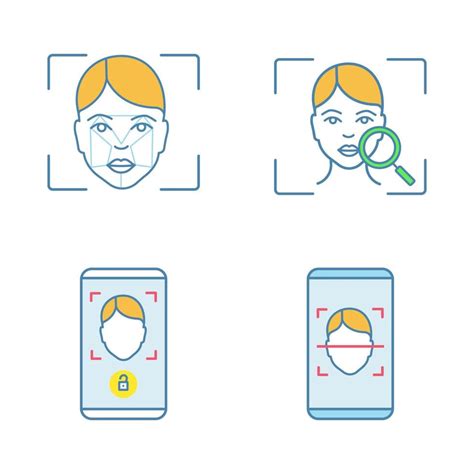 Facial Recognition Color Icons Set Biometric Identification Faceprint Analysis And Scanning