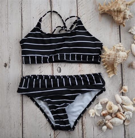 Black Bikini With White Stripes Padded Cups Rainbow Rockets