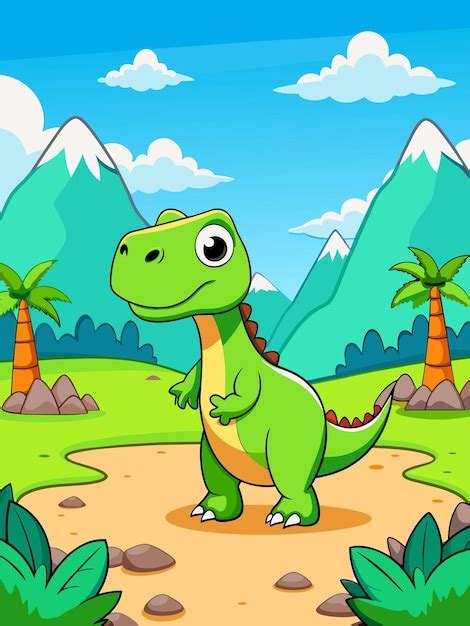 El Dinosaurio Verde De Pie En Un Paisaje De Dibujos Animados Vector