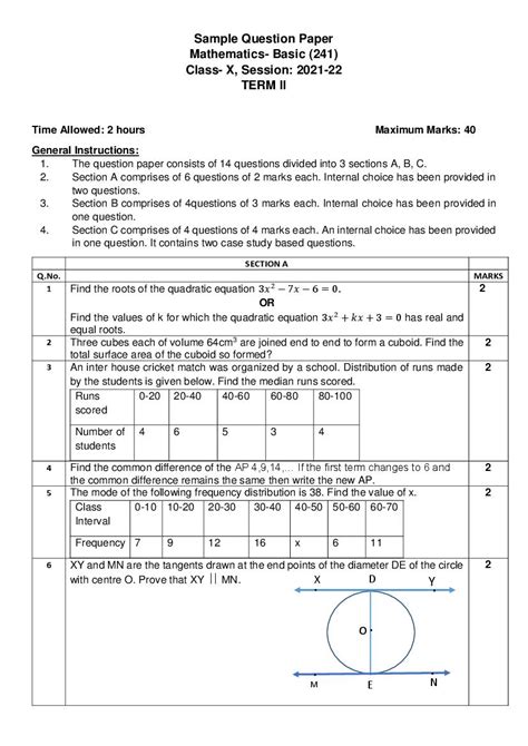 Cbse Class 10 Sample Paper 2022 For Maths Basic Term 2