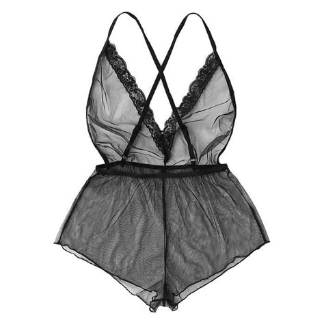 Femmes Dentelle Garniture V Neck Dos Nu Cross Strap Body Combinaison Lingerie Pyjama L Noir