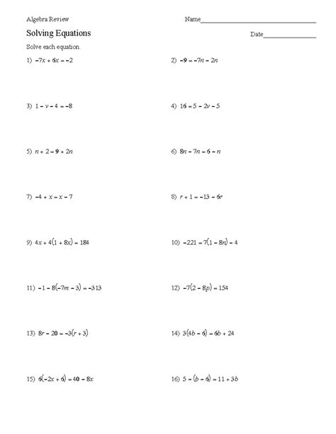 Algebra Review Solving Equations ©f U 2 O 0 T 2 Y 3 G Hkwuitah Zsyofwtlwqajrie Xlrlzcy O