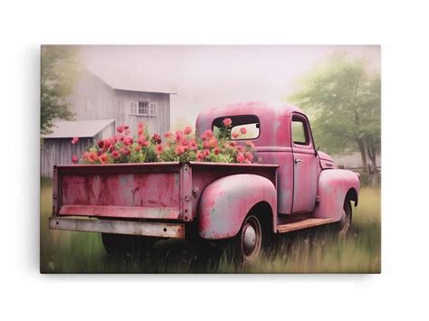 Old Pink Truck Used As A Flower Bed Framed Canvas Print Or Poster Rustic Farmhouse Decor