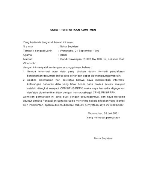 Contoh Surat Pernyataan Komitmen Pdf