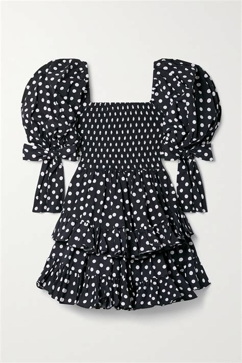 Caroline Constas Finley Smocked Tiered Polka Dot Cotton Blend Poplin