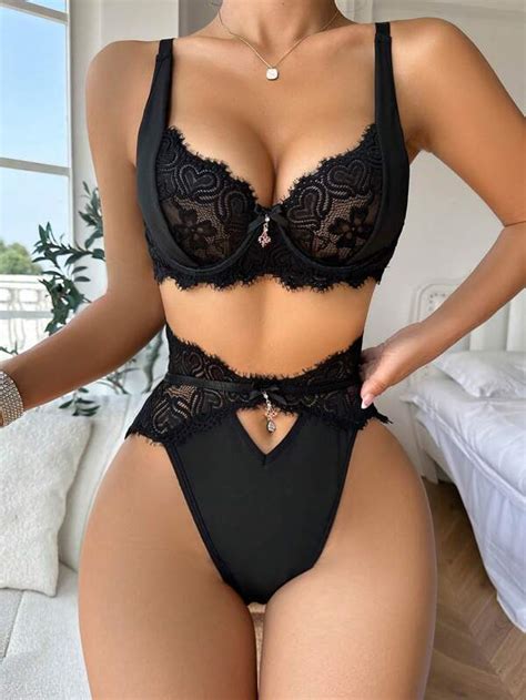 Classic Sexy Contrast Lace Cut Out Underwire Lingerie Set SHEIN USA