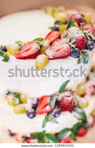 Three Parts Naked Wedding Cake Fruits Stock Photo 1299955945 Shutterstock