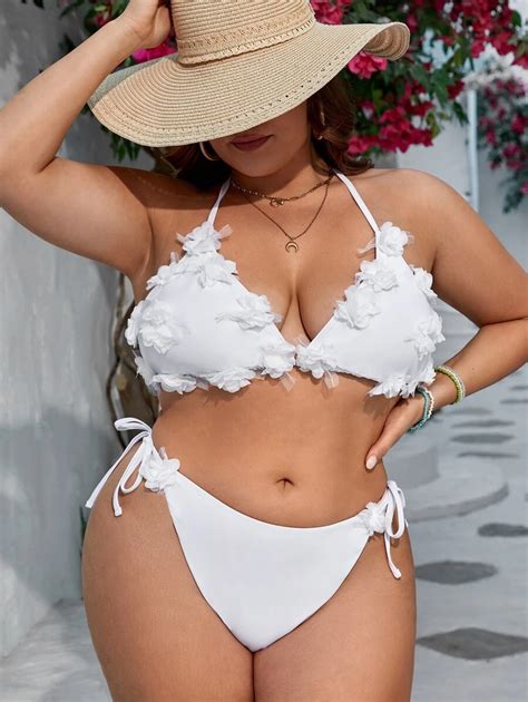 Plus Mono Bikini Set Appliques Halter Triangle Bra Top Tie Side Bikini Bottom Piece Swimsuit