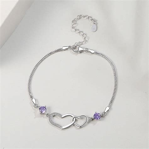 Двойна сребърна гривна с лилави камъни и сърца "Истина" – Silenti Jewelry