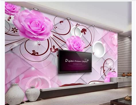 Customized 3d Mural Wallpaper Photo Wall Paper Pink Rose Three Dimensional Circle Soft Bag