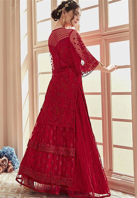 Maroon Heavy Net Embroidered Long Koti Style Lehenga Anarkali Suit 901