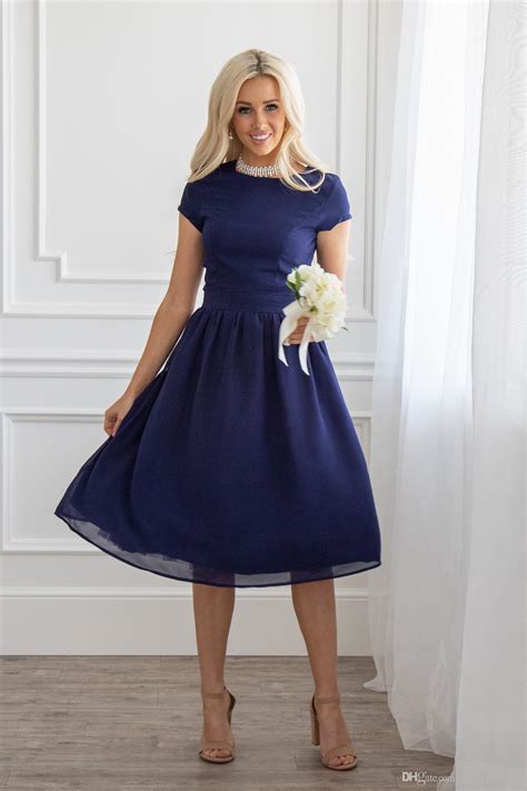 Navy Blue Chiffon Bridesmaid Dress With Cap Sleeves Collection