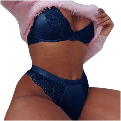 Femmes Mode Dentelle Gilet Creux Maille See Through Push Up Sexy Sous V Tements Lingerie Bleu