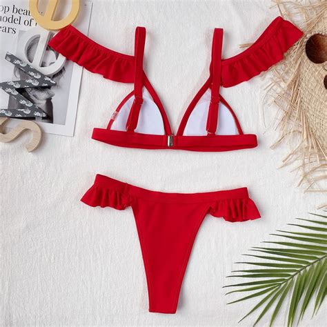 2021 Sexy Solid Bikini Set Women Solid Red Color Ruffle High Waist Swimwear Female Push Up