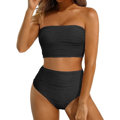 RTKFRFLM High Waisted Bandeau Bikini Set Women Strapless Two Piece Swimsuits Ribbed Longline