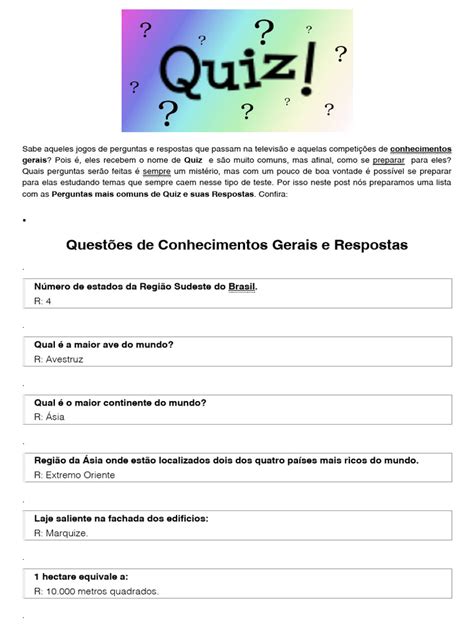 Perguntas Sobre Conhecimentos Gerais - Quiz, Perguntas de Conhecimentos Gerais Com Respostas para Estudar | PDF