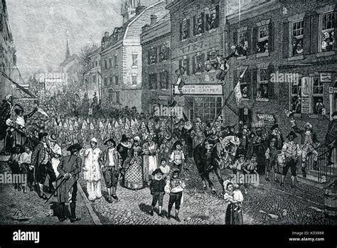 Lenten carnival, Philadelphia, colonial America, 1700s. Illustration by