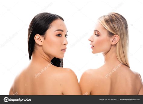 Back View European Blonde Asian Brunette Naked Women Isolated White Stock Photo