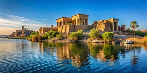 Templo De Philae E Isla En El Reservorio De La Presa Baja De Aswan Río