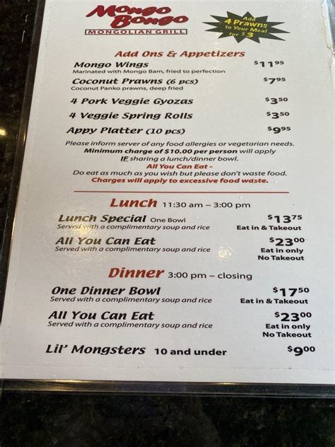 Menu At Mongo Bongo Mongolian Grill Restaurant New Westminster