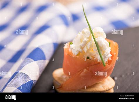 Smoked Salmon And Soft Chees Canapes Appetizers Stock Photo Alamy