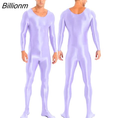 Billionm Mens Lingerie Smooth Long Sleeve Bodystocking Lingerie Nightwear Solid Color Round Neck
