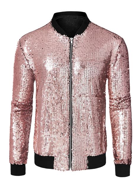 Mens Sequin Varsity Jacket Long Sleeves Zipper Bomber Jacket