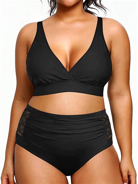 Womens Plus Size V Neck Bikini Set Two Piece High Waisted Swimsuits