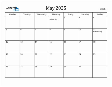 May 2025 - Brazil Monthly Calendar with Holidays
