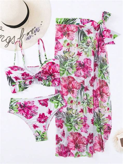 Tropical Floral Print Knot Front Bikini Swimsuit With Beach Skirt