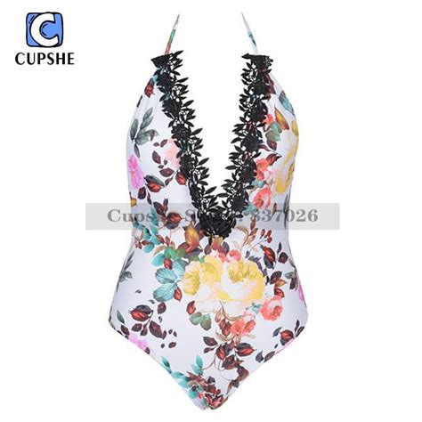 Cupshe Women Rose Printing Lace Splicing Swimsuit Summer Sexy Swimsuit