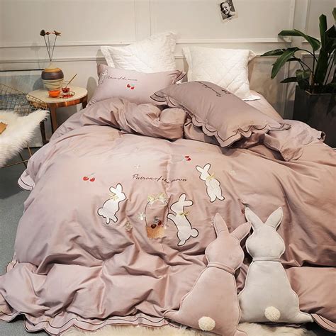 2018 Cute Rabbit Bedding Set Egyptian Cotton Duvet Cover Pillowcase Bed