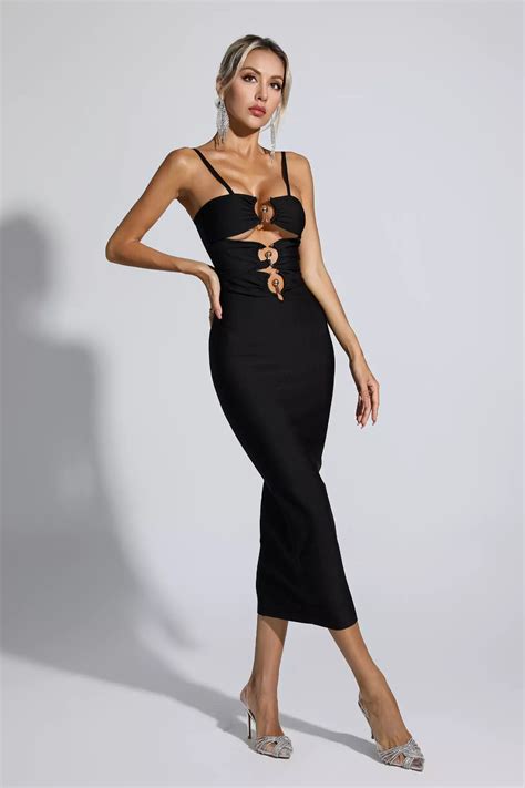 Liana Black Hollow Out Bandage Midi Dress