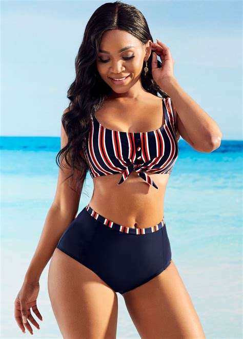 High Waisted Bowknot Striped Bikini Set Rosewe Usd