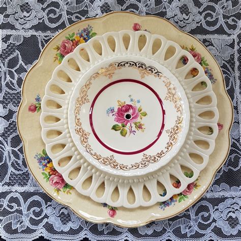 3 Tier Cake Stand Mismatch China Floral Vintage Plates On Ivory Pierced Rim Afternoon Tea