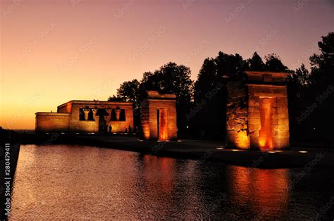 Illuminated Temple Of Debod Seen At The Sunset Ancient Egyptian Temple