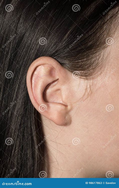 Right Ear Of A Brunette Woman Stock Image Image Of Hair Natural 98617863