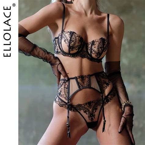 Ellolace Lace Lingerie Sexy Woman Push Up Fancy Embroidery Attractive Chest Suspenders Romantic