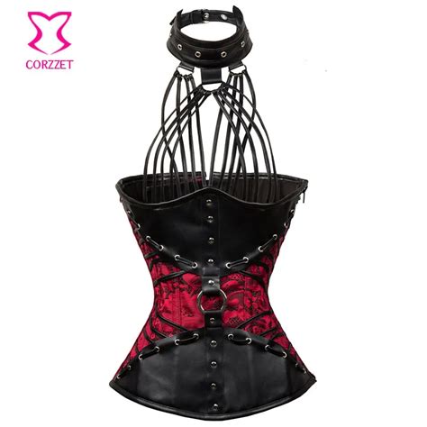 Red Floral Brocade And Black Leather Halter Corset Gothic Bustier Top Korsett For Women Sexy