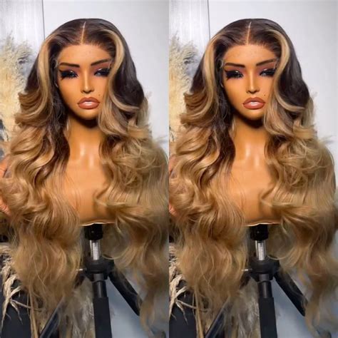 Glueless Dark Root Ombre Honey Blonde Lace Front 3D Body Wave Wig 100