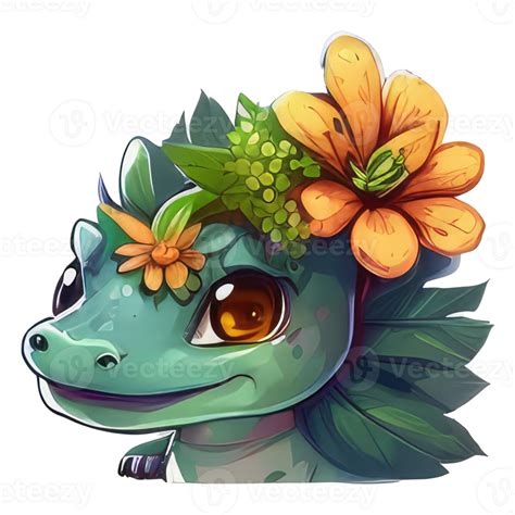 Linda Dinosaurio Con Flor Acuarela Ai Generado Png