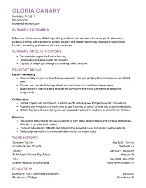 Substitute Teacher Resume Examples Formats Tips